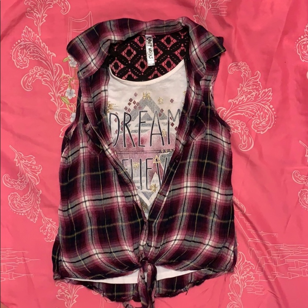 Tank with connected flannel tank, lace accent back